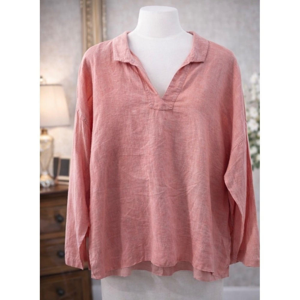C&C California Linen Top Pink‎ 100% Linen Breathable V-Neck 3/4 Sleeves Large
